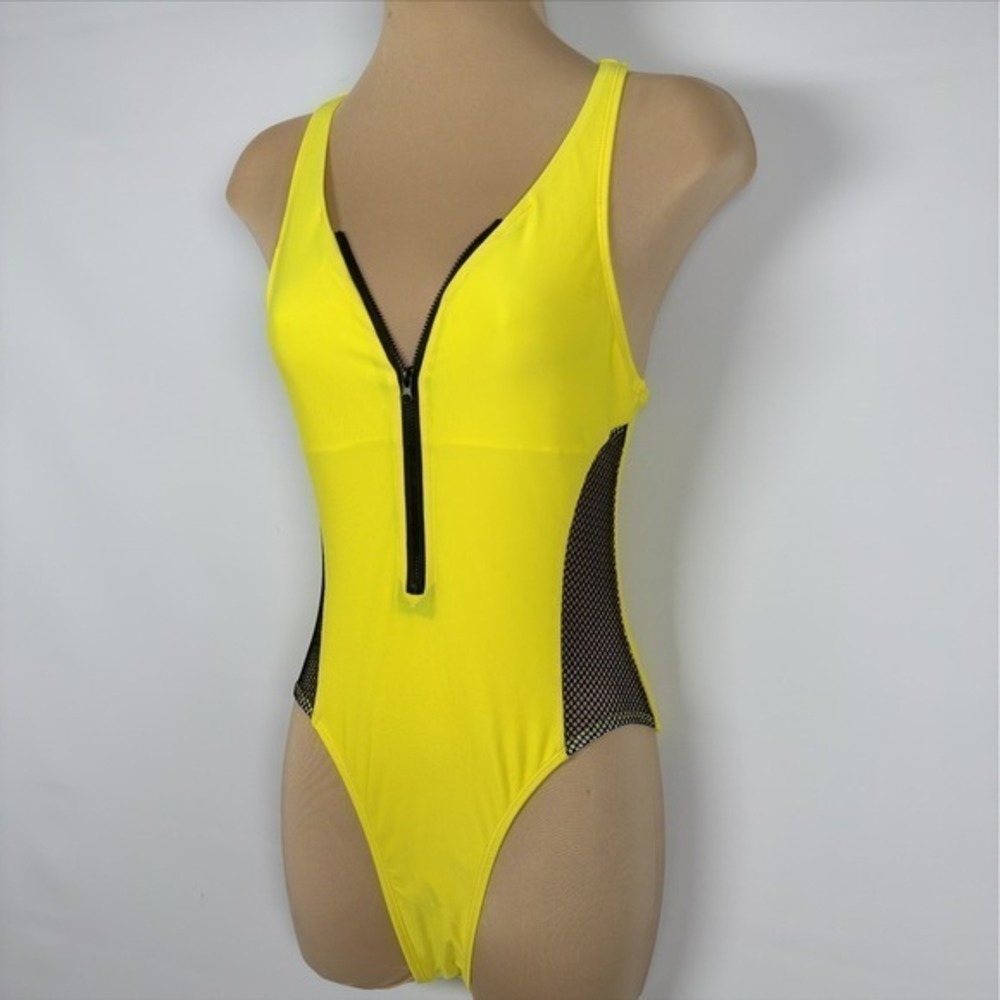 Women's Retro Yellow / Black Mesh Insert Zip Front One Piece Swimsuit - Picture 5 of 7